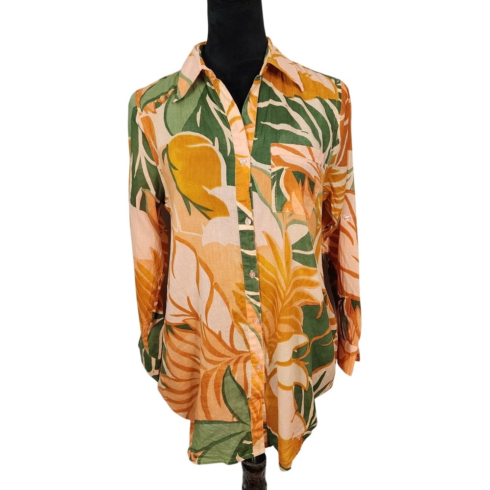 TRUE DESTINATIONS Size XS Cotton Crinkle Tropical Popover Tunic Cruise Resort